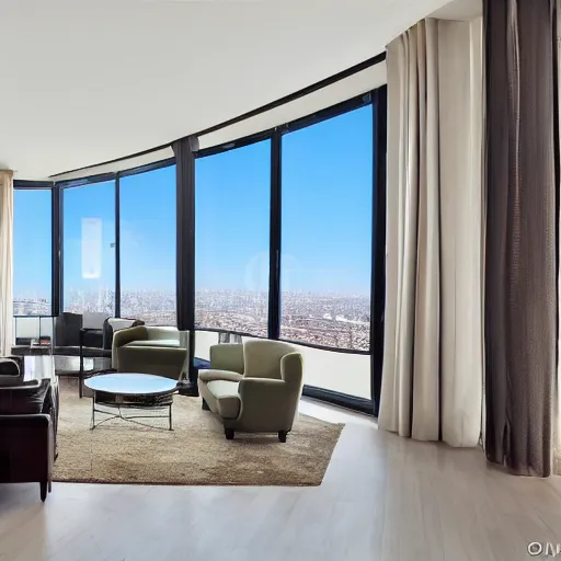 Image similar to a beautiful luxury apartment, with modern amenities and a beautiful view of a large city out thevwindow, realistic, photograph