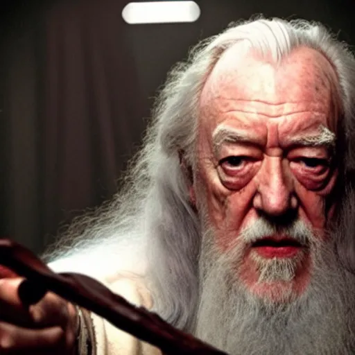 Prompt: michael gambon as albus dumbledore with a lightsaber