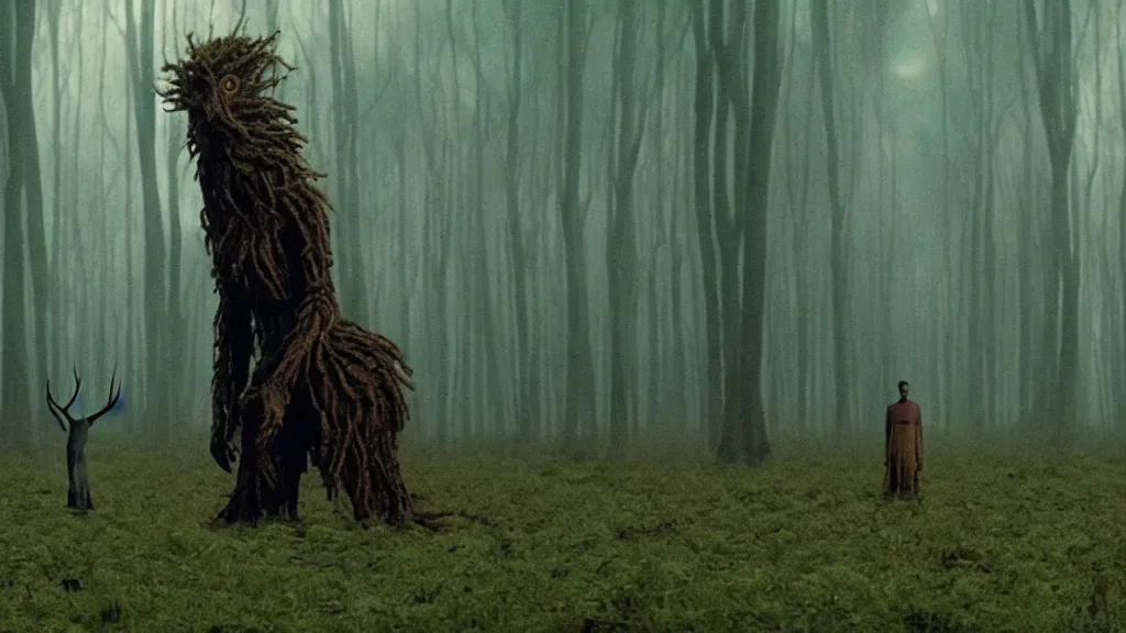 Prompt: the tall strange creature waits in the distant forest, film still from the movie directed by Denis Villeneuve with art direction by Salvador Dalí, wide lens