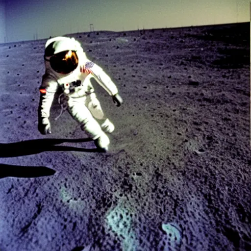 Image similar to usain bolt racing on the moon, lunar lander in background, kodachrome film