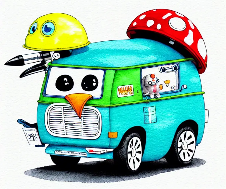 Image similar to cute and funny, penguin wearing a helmet riding in a tiny mystery machine van with an oversized engine, ratfink style by ed roth, centered award winning watercolor pen illustration, isometric illustration by chihiro iwasaki, edited by range murata, tiny details by artgerm and watercolor girl, symmetrically isometrically centered, sharply focused