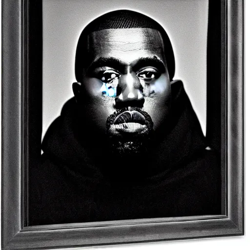 Image similar to a chiaroscuro lighting portrait of kanye west dressed as rick owens, black background, portrait by julia margaret cameron, shallow depth of field, 8 0 mm, f 1. 8