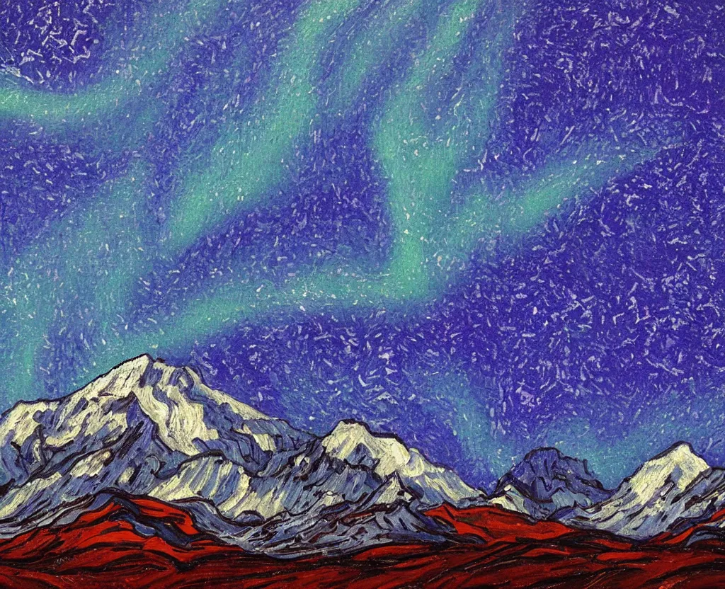 Prompt: Mount Everest with Northern Lights mixed with Van gogh sky