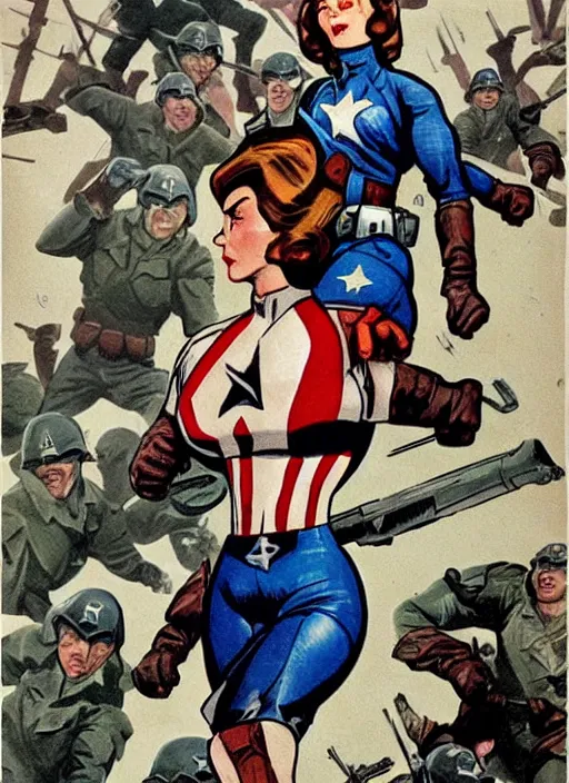 Prompt: beautiful female captain america standing on a pile of defeated, beaten and broken german soldiers. feminist captain america wins wwii. american wwii propaganda poster by james gurney. gorgeous face. overwatch. ralph bakshi