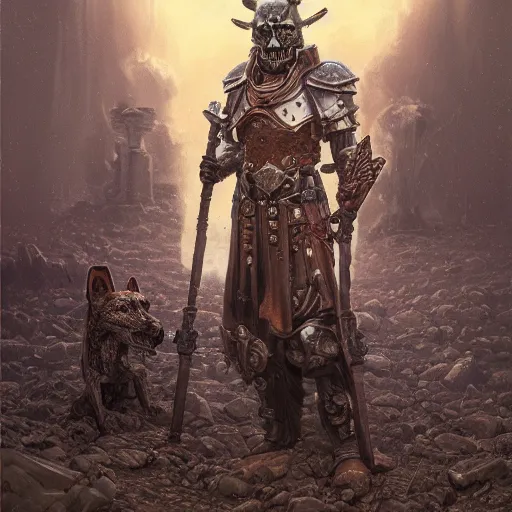 Image similar to anthropomorphic shiba inu, wearing holy black steel armor, standing, graveyard of skulls, tombs, crosses. fantasy 3 d render, masterpiece, light aura, by donato giancola and greg rutkowski and wayne barlow and zdzisław beksinski, realistic face