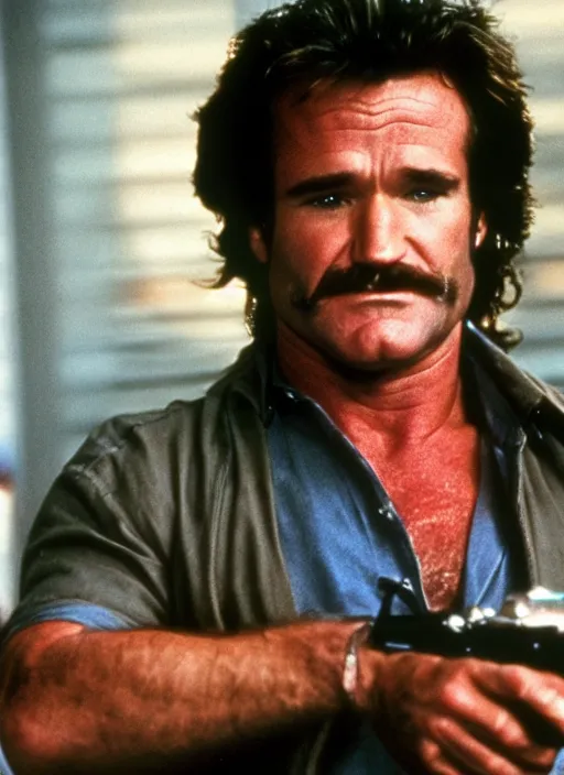 Image similar to film still of Robin Williams as Martin Riggs in Lethal Weapon, 4k