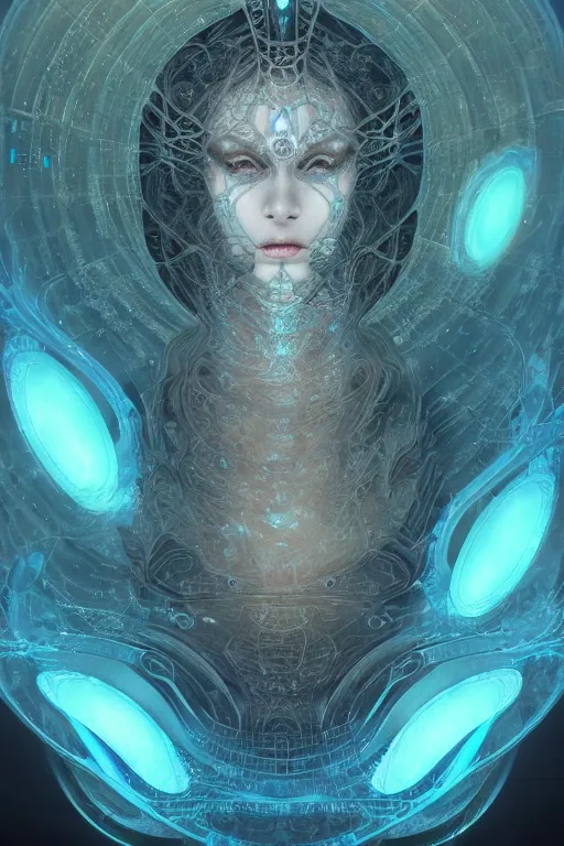 Image similar to a render of an ancient futuristic ethereal being with digital modifications surrounded by a underwater ink pour and flowing liquid gallium and complex sacred geometry, powerful, cinematic, beautifully lit, perfect face, by john howe, by beeple, by artgerm, by karol bak, by brian froud, 3 d, trending on cgsociety, octane render, 8 k