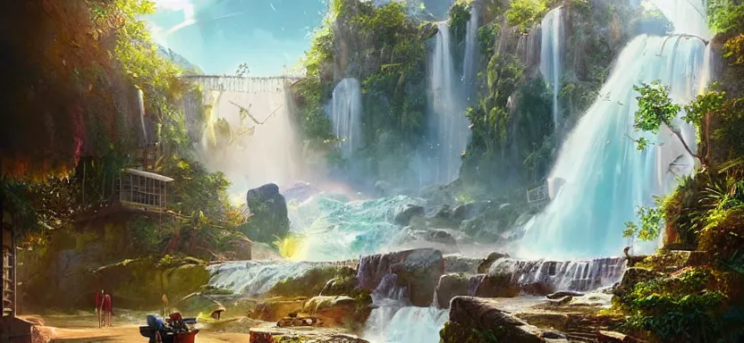 Image similar to shining solarpunk utopia next to a beautiful waterfall, sunny and gorgeous, perfection in every way a digital illustration by artgerm and wlop, trending on artstation, ray tracing on, unreal engine