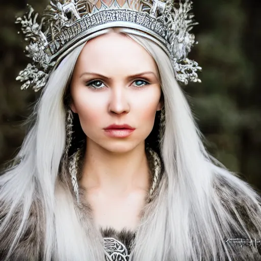 Image similar to portrait head shot photo of a real-life beautiful nordic queen, highly detailed