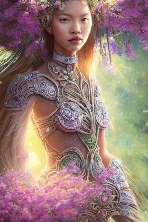 Image similar to portrait of Lalisa Manobal as a Celestial Goddess of a futuristic princess, inside future fighter, sci-fi, fantasy, intricate, lush garden spaceship with sakura season flowers, elegant, human anatomy, royal green and nature light, highly detailed, digital painting, artstation, concept art, smooth, sharp focus, illustration, art by tian zi and WLOP and alphonse mucha
