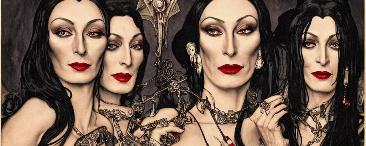 Prompt: stunning exotic art nouveau portrait of anjelica huston and morticia addams as industrial dieselpunk queens of the night by glenn fabry, simon bisley and alphonse mucha, photorealism, extremely hyperdetailed, perfect symmetrical facial features, perfect anatomy, ornate declotage, spikes, latex, confident expression, wry smile, sinister eyes