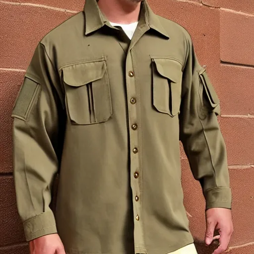 Prompt: detailed tactical cargo buckskin shirt