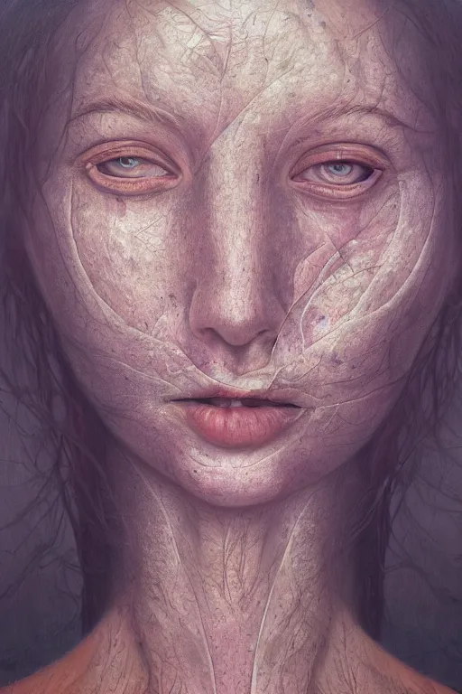 Prompt: woman's face close up portrait, eyes shut, third eye open, chakra energy waves resonating from her body, ethereal aura, epic surrealism 8k oil painting, portrait, perspective, high definition, post modernist layering, by Sean Yoro, Gerald Brom