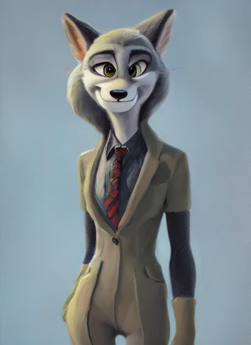 Image similar to oil painting of detailed full body of anthromorphic female wolf, in style of zootopia, zootopia, zootopia, fursona, furry, furaffinity, 4 k, deviantart, furry art, fursona art, wearing black business suit, business suit, in style of zootopia, wolf fursona, cyberpunk, female, expressive detailed feminine face,