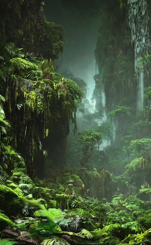 Image similar to a beautiful render of a dark prehistoric rainforest in a humongous cave, lush flora, patches of magenta sky,, sunset, floating mountains and a waterfall in the background, intricate detail, hazy, humid, volumetric lighting, 8 k, photorealistic, raytracing effects, unreal engine 5