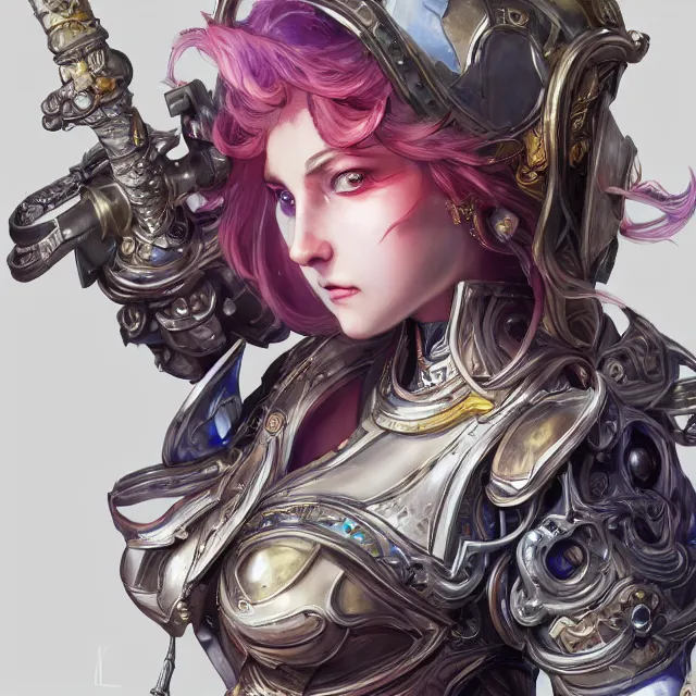 Image similar to studio portrait of lawful good colorful female holy mech paladin as absurdly beautiful, elegant, young sensual gravure idol, ultrafine hyperrealistic detailed face illustration by kim jung gi, irakli nadar, intricate linework, sharp focus, bright colors, matte, octopath traveler, final fantasy, unreal engine highly rendered, global illumination, radiant light, intricate environment