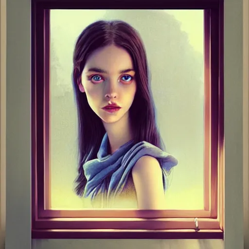 Image similar to Lofi portrait at a window, Pixar style by Stanley Artgerm and Tom Bagshaw and Tristan_Eaton and Tim Burton