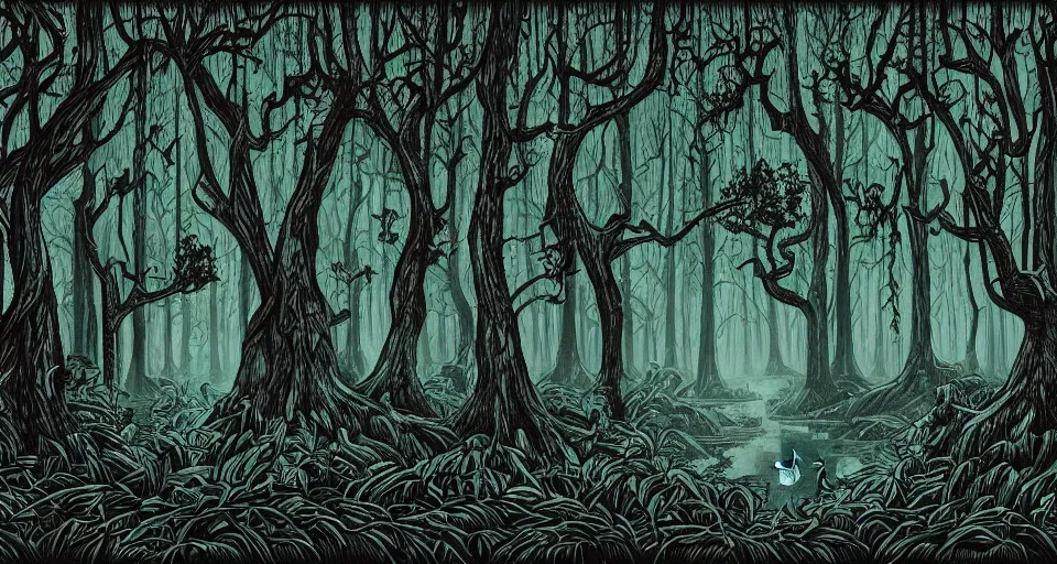 Prompt: A dense and dark enchanted forest with a swamp, by dan Mumford
