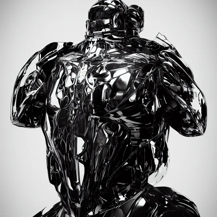 Image similar to a top down shot of a character in an spaceship by nihei tsutomu, front facing the camera, dramatic black and white, modern clean reflective obsidian dark black armor, highly detailed, 3 d render, vray, octane, realistic lighting