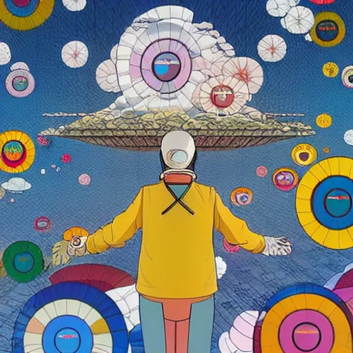 Image similar to a man walking on clouds above kyoto by takashi murakami, beeple and james jean, aya takano color style, 4 k, super detailed