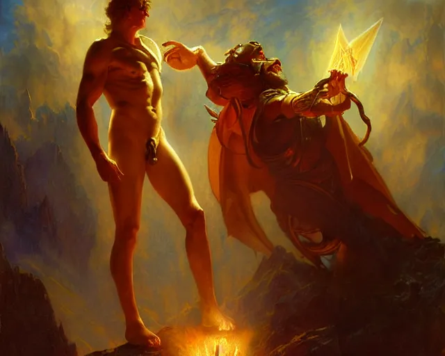 Image similar to attractive male deity, casting demonic magic, summoning handsome lucifer morning star. highly detailed painting by gaston bussiere, craig mullins, j. c. leyendecker 8 k