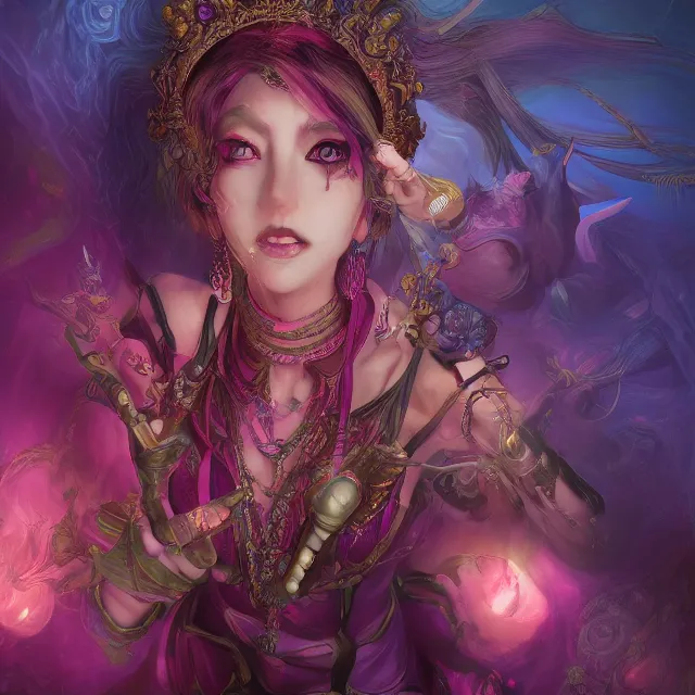 Image similar to the portrait of chaotic evil fallen colorful female necromancer overlord as absurdly beautiful, elegant, young idol, an ultrafine hyperdetailed illustration by kim jung gi, irakli nadar, detailed faces, intricate linework, bright colors, octopath traveler, unreal engine 5 highly rendered, global illumination, radiant light, detailed and intricate environment, 8 k