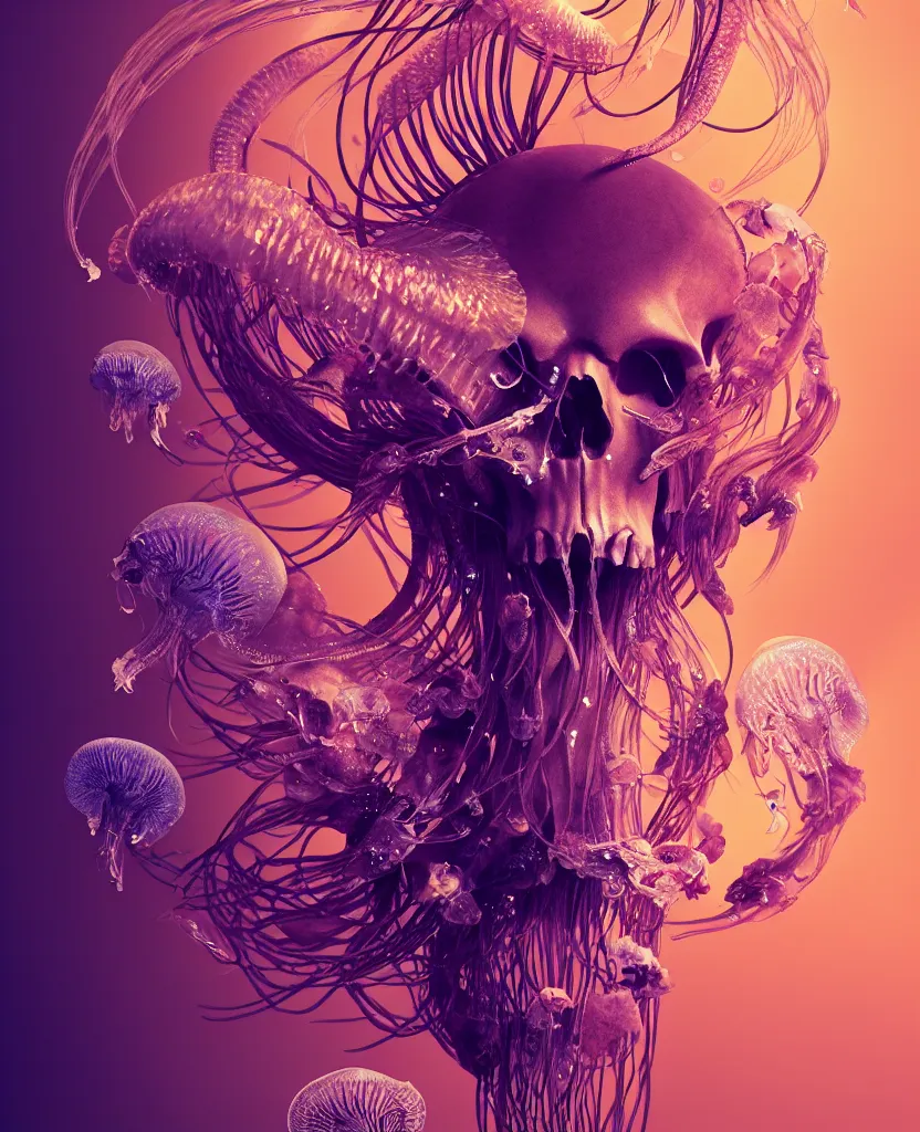 Image similar to goddess close-up portrait animal skull. jellyfish phoenix head, nautilus, orchid, skull, betta fish, bioluminiscent creatures, intricate artwork by Tooth Wu and wlop and beeple. octane render, trending on artstation, greg rutkowski very coherent symmetrical artwork. cinematic, hyper realism, high detail, octane render, 8k