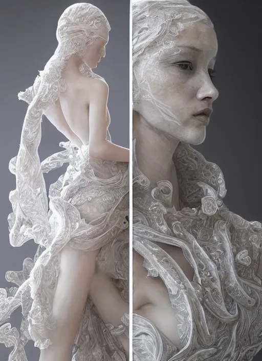 Prompt: opalescent marble sculpture of beautiful woman dissolving into shimmering dust, diaphanous, ivory carving, fractal paisley inlay, lace, intricate, elegant, highly detailed, digital photography, art by artgerm ruan jia and greg rutkowski