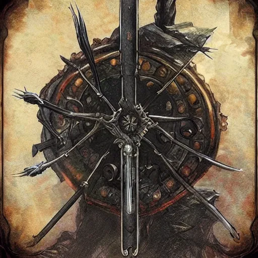 Prompt: a new Bloodborne trick weapon called “Bellista”, it is a mix of a bell and a mounted ballista. Concept art, diagram, design, schematics, videogame, 2016, amazing, wow