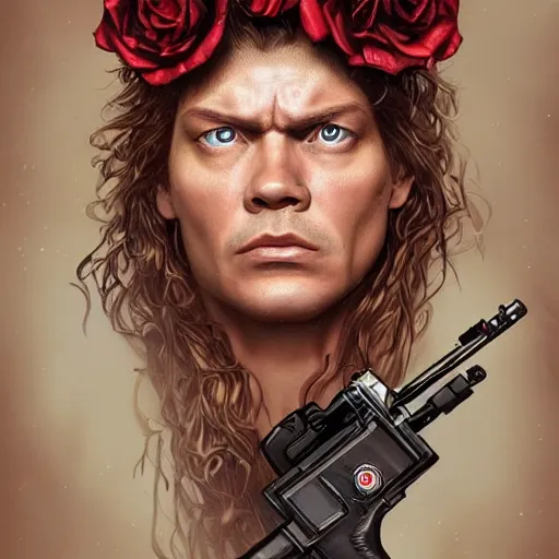 Prompt: axel rose portrait guns and roses, intricate, highly detailed, digital painting, artstation, concept art, smooth, sharp focus, illustration, unreal engine 5, 8 k, art by artgerm and greg rutkowski and alphonse mucha