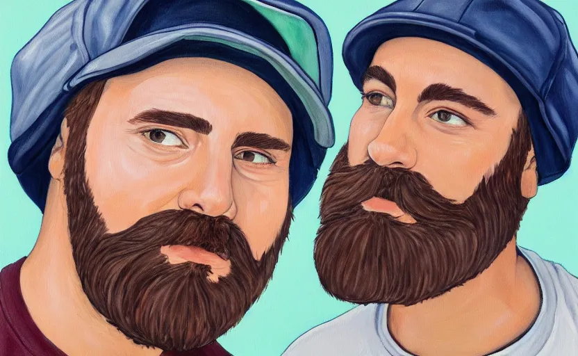 Image similar to painting of middle aged man with brown hair, white dad cap, beard in the style of martine johanna