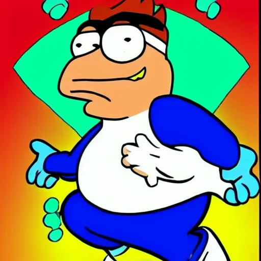 Image similar to a portrait of Peter Griffin as a sonic the hedgehog OC, MS paint, poor artistic skill, text bubble saying hey lois as he runs past, incredibly fast family guy drawing, poor quality art, DeviantArt post