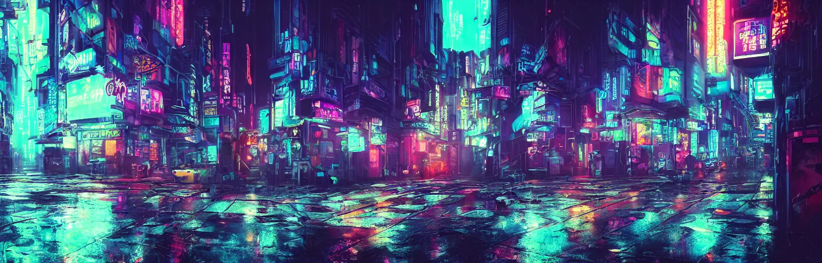 Prompt: street view of a cyberpunk alley, in the style of Blade Runner, rainy weather, neon lighting, vaporwave, retro wave, synthwave, highly detailed, digital painting, concept art, illustration, artstation, Roger Deakin's cinematography, Liam Wong, photo-realistic, cinematic lighting, 8k,