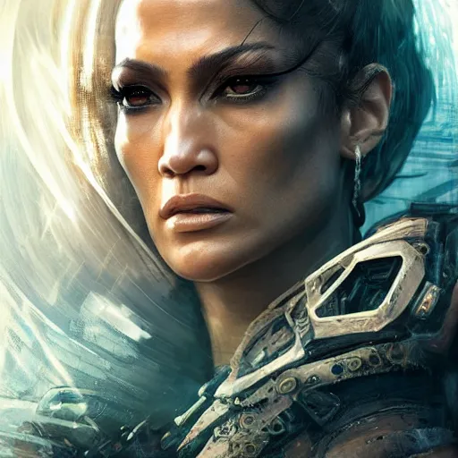 Image similar to jennifer lopez portrait, dystopia core, apocalyptic, armor, warrior, dramatic, sharp focus, fiction, neon, fantasy, hyper detailed, digital art, trending in artstation, cinematic lighting, studio quality, smooth render, unreal engine 5 rendered, octane rendered, art style and nixeu and wlop and krenz cushart