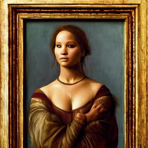 Image similar to a striking hyper real painting of Jennifer Lawrence by da Vinci.