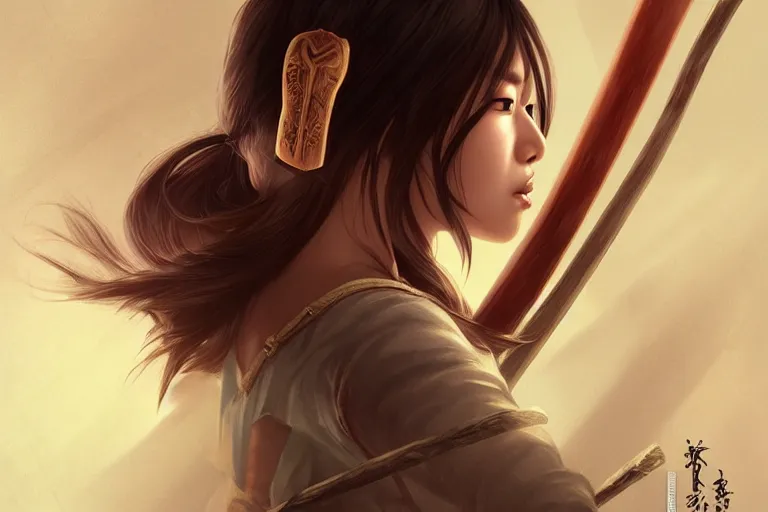 Image similar to beautiful cinematic fantasy poster, asian woman side view using a bokken in forest, wooden sword ; by artgerm ; wayne n reynolds art station ; cinematic quality character render ; high quality ac - h 9 6 0