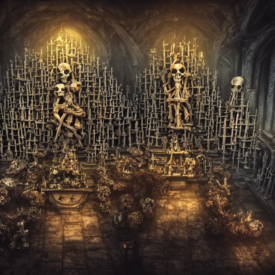 Prompt: full color, low ultrawide interior shot of sedlec ossuary, bones, anime style mixed with fujifilm, oil on canvas, hdr, dark, foggy, atmospheric, artstation, cgsociety, octane render, cgi, denoise, detailed, cinematic masterpiece