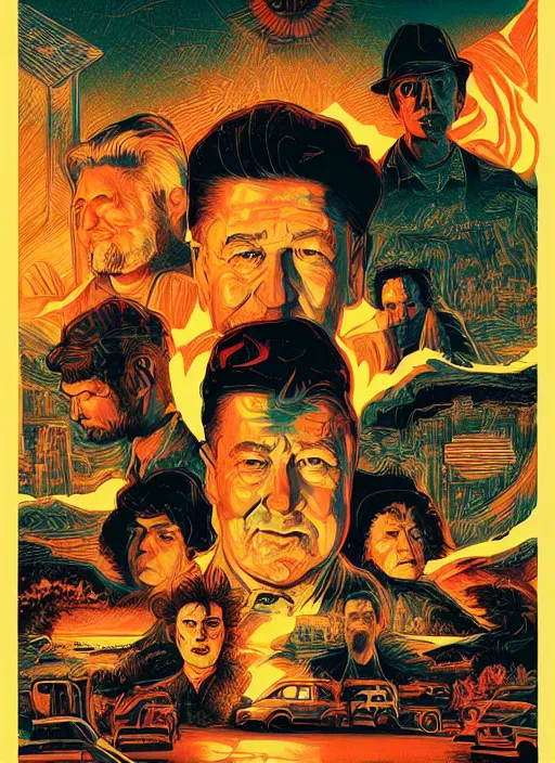 Prompt: a movie poster with david lynch, kilian eng, dan mumford, drew struzan, detailed