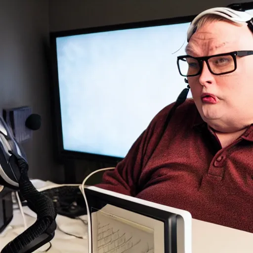 Prompt: obese Adam West wearing a headset yelling at his monitor while playing WoW highly detailed wide angle lens 10:9 aspect ration award winning photography