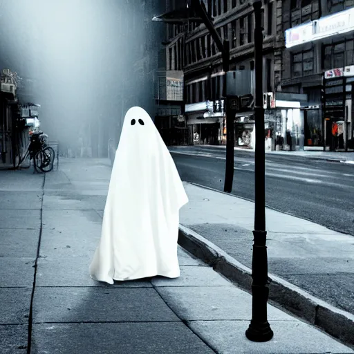 Image similar to ghost under a sheet with a cigarette in mouth, haunting a NYC sidewalk, trending on artstation, 8k, 4k, volumetric lighting, lighthearted, cinematic composition, hd, fun