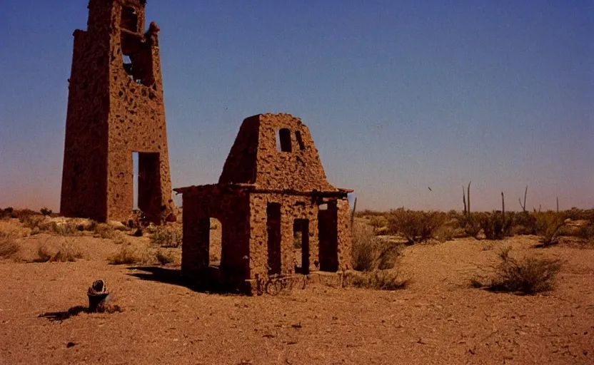 Prompt: movie still: in a desert, a ruined Mexican bell tower. In the foreground lies a bell, half-buried in the ground, by David Bailey, Cinestill 800t 50mm eastmancolor, heavy grainy picture, very detailed, high quality, 4k, HD criterion, precise texture