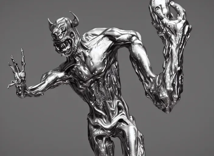 Image similar to stylized shiny polished silver statue full body extra limbs bizarre cosmic horror demonic demon made of marble of disney character mickey mouse, perfect symmetrical body, perfect symmetrical face, hyper realistic, hyper detailed, by johannen voss, by michelangelo, octane render, blender, 8 k, displayed in pure white studio room