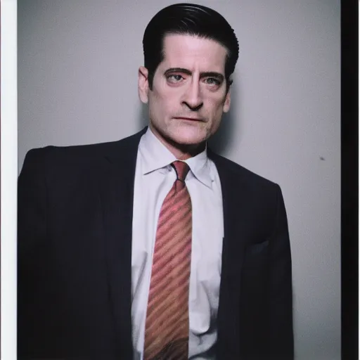 Prompt: agent dale cooper from twin peaks by terry richardson, polaroid photo, white background, direct flash, 4 k,