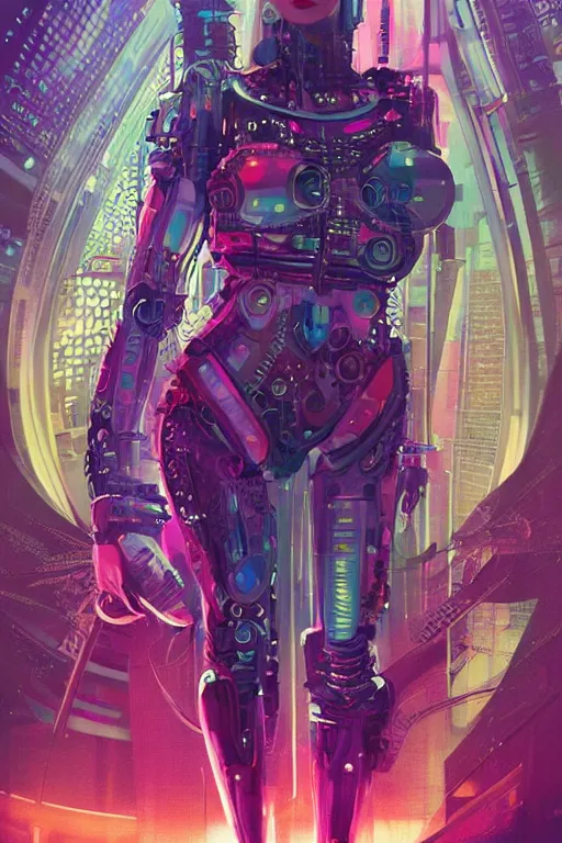 Image similar to attractive female android in feminine pose on a hyper-maximalist overdetailed retrofuturist scifi bookcover illustration from '70s. Inspired by wlop. Biopunk, solarpunk style. Daytime