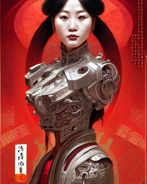 Image similar to portrait of a chinese cyberpunk machine, machine face, robed, upper half portrait, decorated with chinese opera motifs regal royal fierce machine robot cyberpunk fine china, wuxia, traditional chinese art intricate intense elegant highly detailed digital painting artstation concept art smooth sharp focus illustration, art by artgerm and greg rutkowski alphonse mucha 8 k