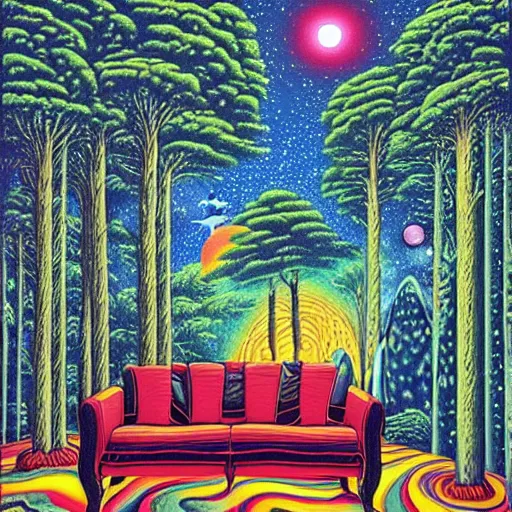 Prompt: psychedelic trippy river pine forest, planets, milky way, sofa, cartoon by rob gonsalves