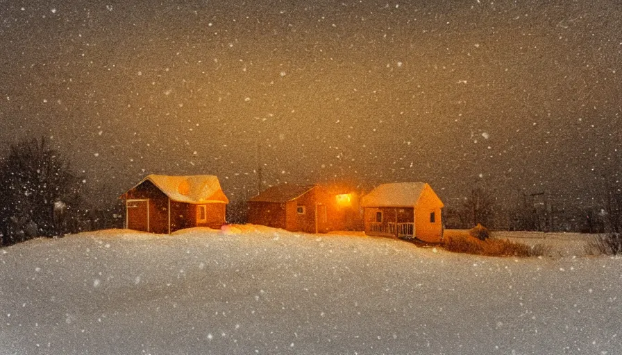 Image similar to Snowy Landscape with Blizzard! in a snowstorm!, a single Small shack in the distance with orange lights in the windows, snowstorm, digital art, highly detailed, blizzard, 4k