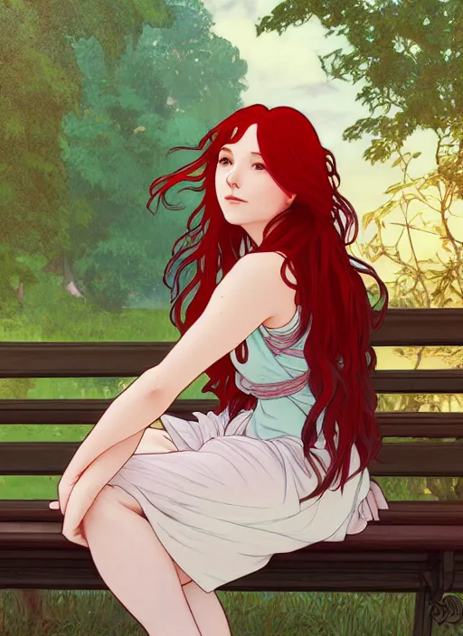 Image similar to pretty young woman with long red hair sitting on a park bench at the dead of night, path traced, highly detailed, high quality, digital painting, by studio ghibli and alphonse mucha, leesha hannigan, makoto shinkai, disney