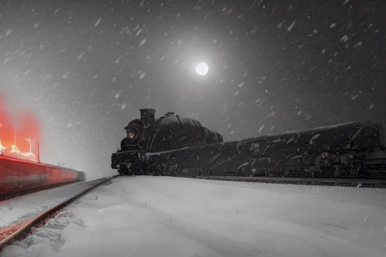 Image similar to an old locomotive rushing through snow storm in high speed, white steam on the side, dark smoke with fire! from the pipes, dynamic angled shot, speed lines, fire particles and snowflakes everywhere, 8 k, by edward hopper, 1 6 k, eerie moon eclipse cinematic scenery