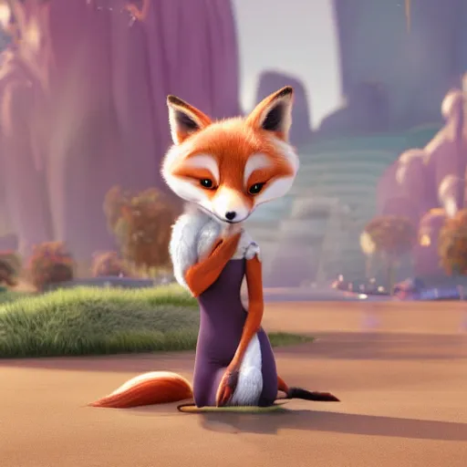 Prompt: anthropomorphic female fox with short white fur covering her body in the style of zootopia